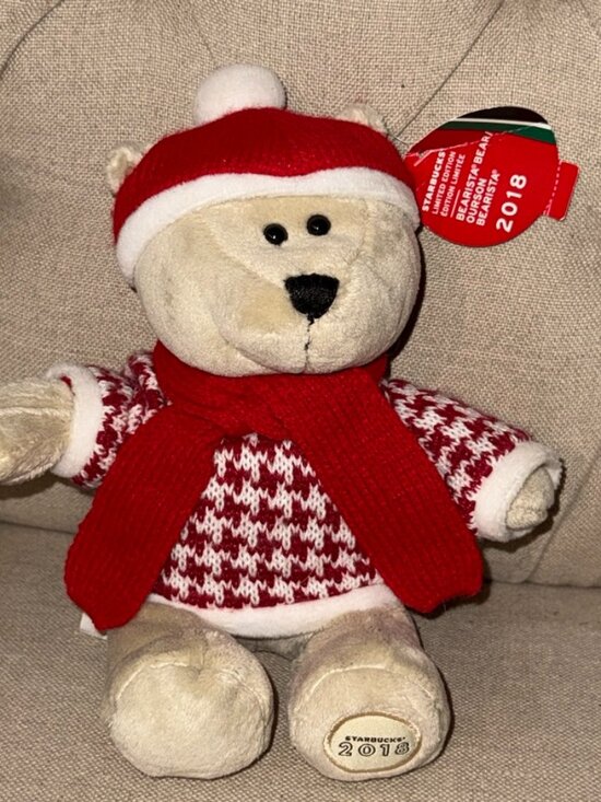 Starbucks 2018 Bearista Bear Plush Limited 146th Ed Red Hat Houndstooth Sweater - Picture 1 of 5